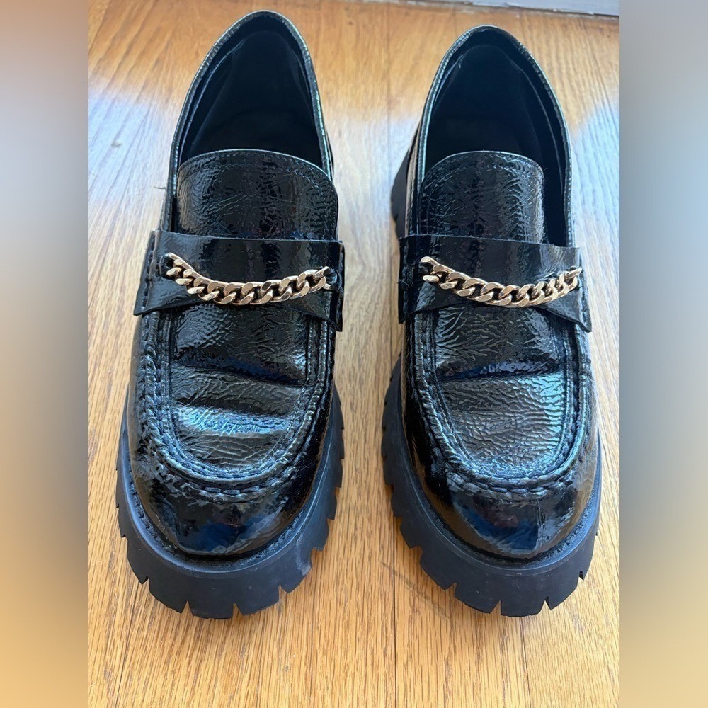 Chunky Lug Sole Chain Loafers Black Patent Platform Shoes Size -9